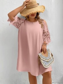 SHEIN VCAY Plus Contrast Lace Cold Shoulder Dress - Dusty Pink - View 7