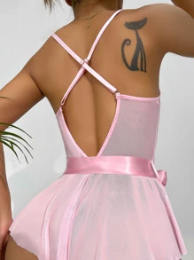 PetitDoll Contrast Lace Bow Front Ruffle Hem Belted Teddy Bodysuit Lingerie - Pink - View 2