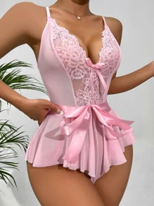 PetitDoll Contrast Lace Bow Front Ruffle Hem Belted Teddy Bodysuit Lingerie - Pink - View 5