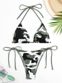 SHEIN Swim 夏季海滩迷彩印花比基尼套装吊带三角胸罩和系带侧底 2 件比基尼 - 彩色 - 查看 3