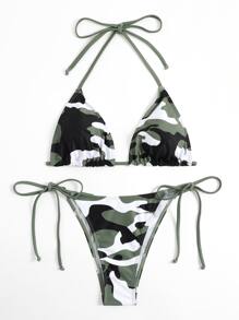SHEIN Swim 夏季海滩迷彩印花比基尼套装吊带三角胸罩和系带侧底 2 件比基尼 - 彩色 - 查看 4
