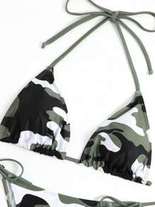 SHEIN Swim 夏季海滩迷彩印花比基尼套装吊带三角胸罩和系带侧底 2 件比基尼 - 彩色 - 查看 5