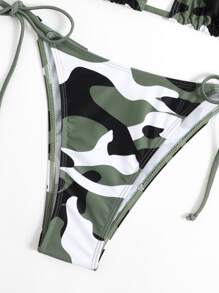 SHEIN Swim 夏季海滩迷彩印花比基尼套装吊带三角胸罩和系带侧底 2 件比基尼 - 彩色 - 查看 6