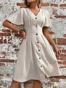 SHEIN LUNE Đầm Uốn nếp Nút phía trước màu trơn Giải trí - Màu Khaki - Xem 3