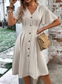 SHEIN LUNE Đầm Uốn nếp Nút phía trước màu trơn Giải trí - Màu Khaki - Xem 4