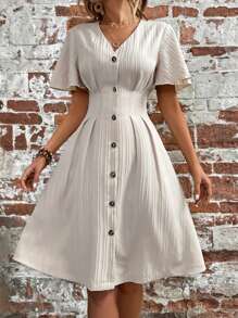 SHEIN LUNE Đầm Uốn nếp Nút phía trước màu trơn Giải trí - Màu Khaki - Xem 5