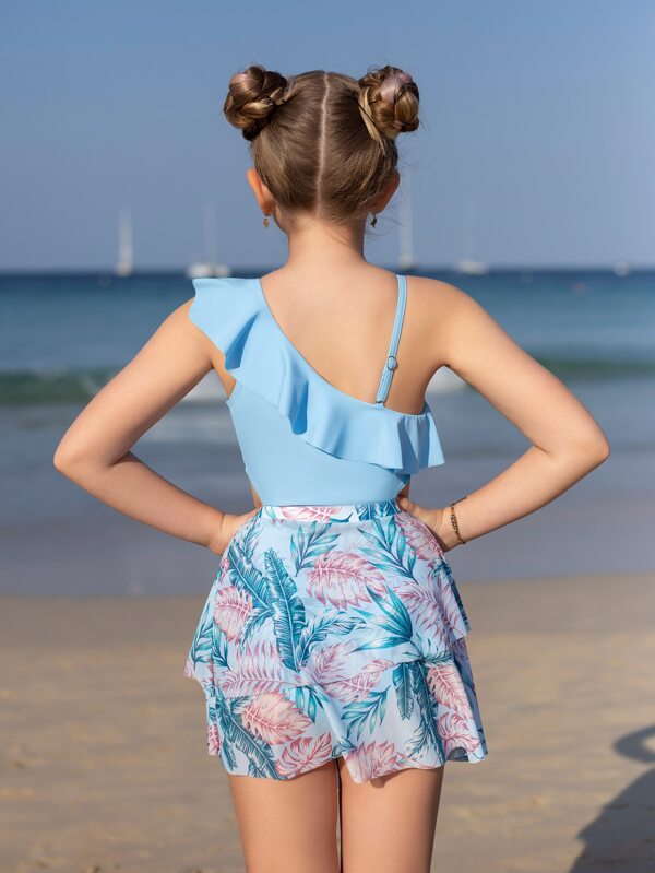 Costum de baie dintr-o bucată pentru fete Tween cu volane, cu fustă de plajă cu imprimeu tropical