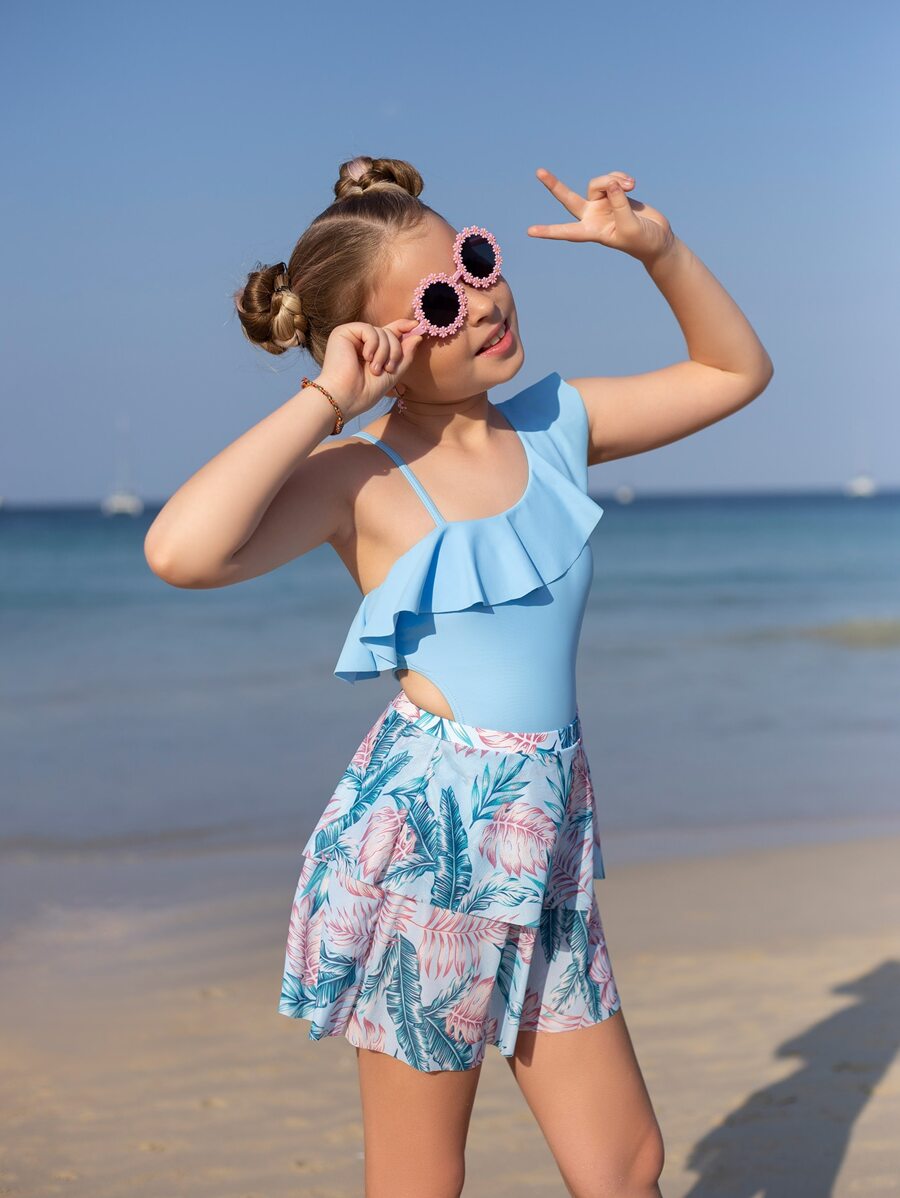 Tween Girl Ruffle Trim One Piece Swimsuit With Tropical Print Beach