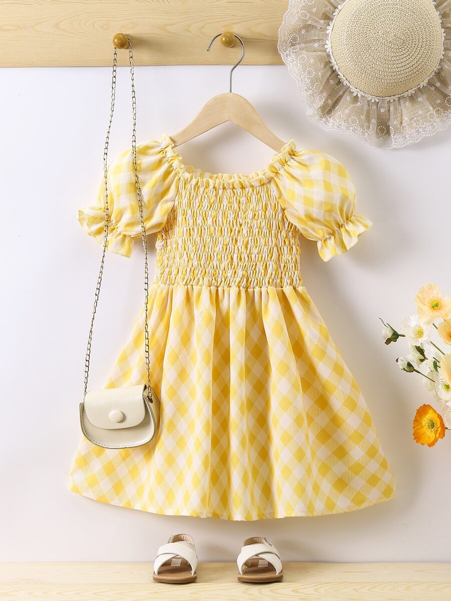 小女童格子圖案泡泡袖洋裝
