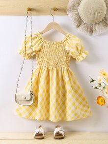 小女童格子圖案泡泡袖洋裝
