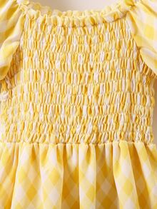 小女童格子圖案泡泡袖洋裝