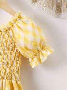 小女童格子圖案泡泡袖洋裝