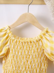 小女童格子圖案泡泡袖洋裝