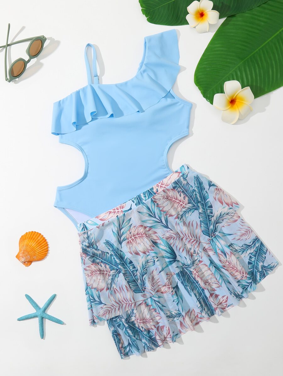 Tween Girl Ruffle Trim One Piece Swimsuit With Tropical Print Beach Skirt - Blue - View 1