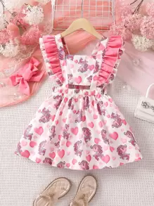 Toddler Girls Heart & Unicorn Print Ruffle Trim Pinafore Dress - White - View 1