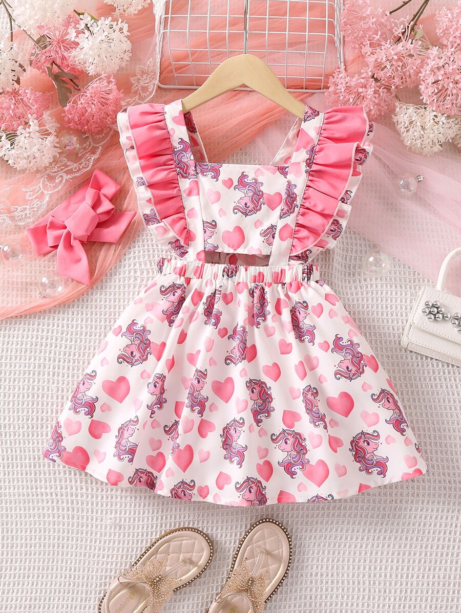 Toddler Girls Heart & Unicorn Print Ruffle Trim Pinafore Dress - White - View 1