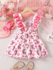 Toddler Girls Heart & Unicorn Print Ruffle Trim Pinafore Dress - White - View 2