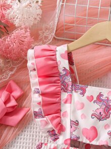 Toddler Girls Heart & Unicorn Print Ruffle Trim Pinafore Dress - White - View 5