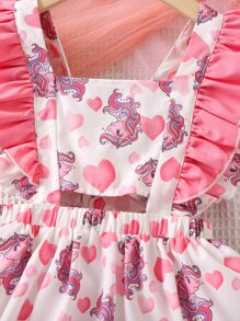 Toddler Girls Heart & Unicorn Print Ruffle Trim Pinafore Dress - White - View 6