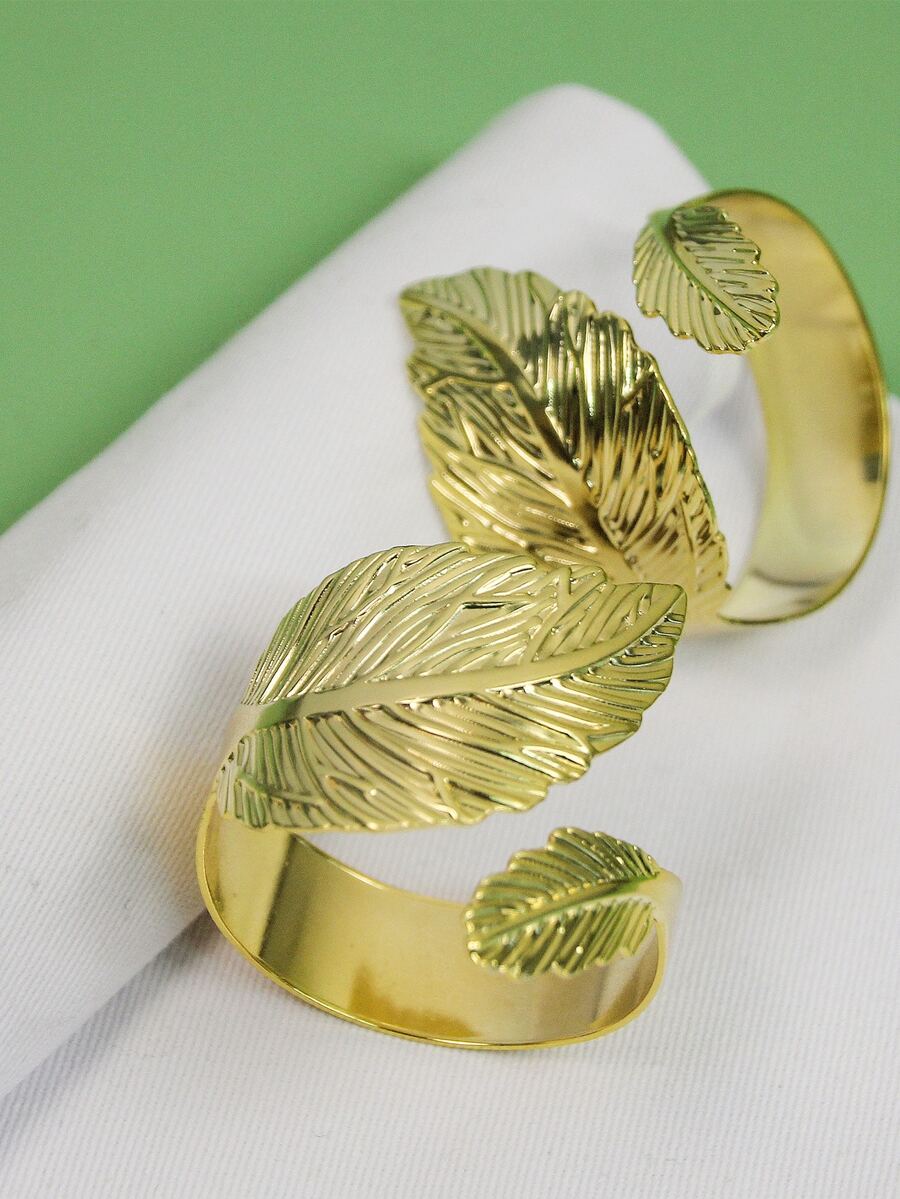 1pc Iron Napkin Ring, Modern Gold Leaf Design Napkin Holder Ring For Restaurant - Gold - View 1
