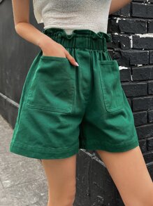 DAZY 紙袋腰帶雙口袋短褲 - 軍綠色 - 查看 1