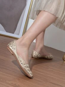 魅力四射芭蕾舞鞋適用於女士鏤空設計方頭一腳蹬平底鞋 - 香檳色 - 查看 3