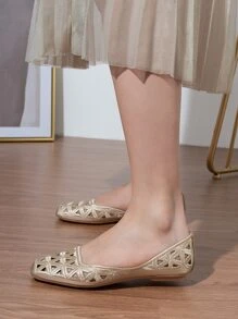 魅力四射芭蕾舞鞋適用於女士鏤空設計方頭一腳蹬平底鞋 - 香檳色 - 查看 4