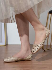魅力四射芭蕾舞鞋適用於女士鏤空設計方頭一腳蹬平底鞋 - 香檳色 - 查看 2