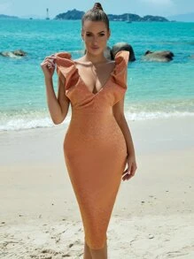 ADYCE Ruffle Trim Bodycon Dress - Orange - View 5