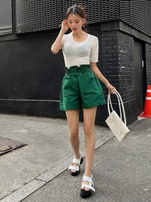 DAZY 紙袋腰帶雙口袋短褲 - 軍綠色 - 查看 5