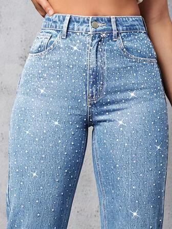 SHEIN ICON High Waist Rhinestone Detail Jeans