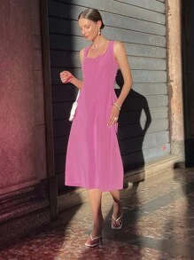 SHEIN 素色後背繫帶連衣裙 - 粉色 - 查看 13