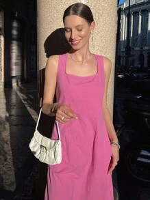 SHEIN 素色後背繫帶連衣裙 - 粉色 - 查看 16