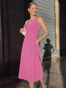 SHEIN 素色後背繫帶連衣裙 - 粉色 - 查看 2