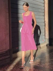 SHEIN 素色後背繫帶連衣裙 - 粉色 - 查看 3