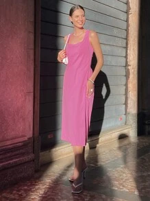 SHEIN 素色後背繫帶連衣裙 - 粉色 - 查看 6