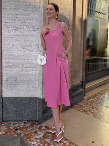 SHEIN 素色後背繫帶連衣裙 - 粉色 - 查看 14