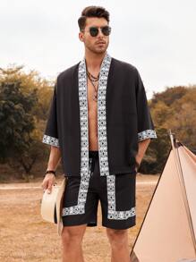 Manfinity RSRT Men Contrast Trim Kimono & Shorts - Black - View 1