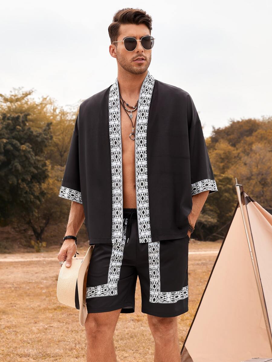 Manfinity RSRT Men Contrast Trim Kimono & Shorts - Black - View 1