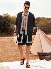 Manfinity RSRT Men Contrast Trim Kimono & Shorts - Black - View 3