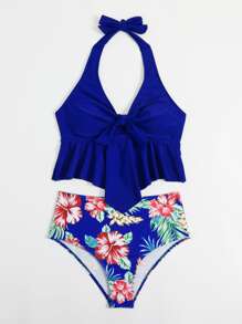 SHEIN 花卉印花荷叶边下摆吊带比基尼夏季海滩 - 藍色 - 查看 3