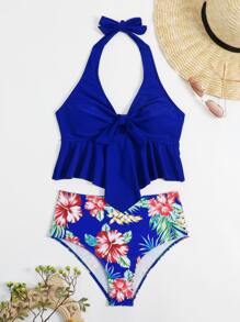 SHEIN 花卉印花荷叶边下摆吊带比基尼夏季海滩 - 藍色 - 查看 5