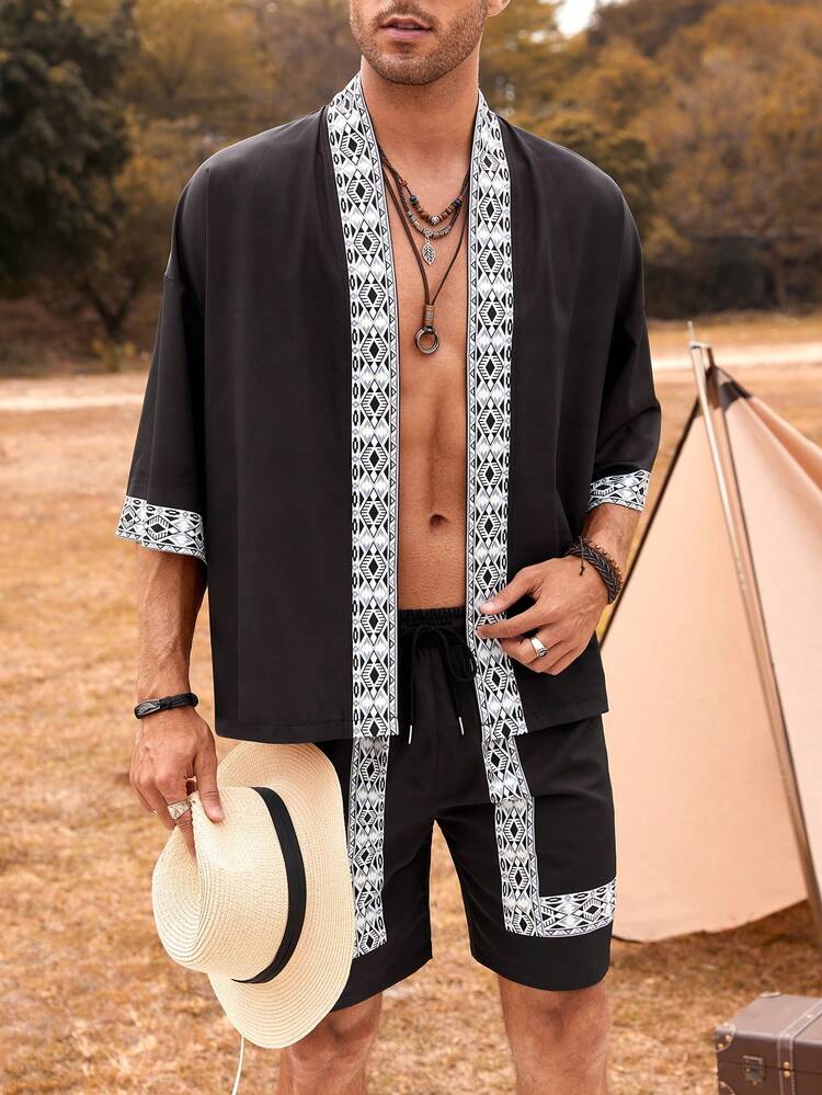 Manfinity RSRT Men Contrast Trim Kimono & Shorts - Black - View 6