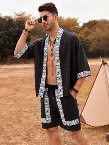 Manfinity RSRT Men Contrast Trim Kimono & Shorts - Black - View 7