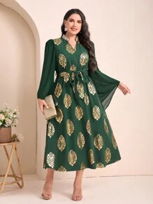 Mulvari Plus Gold Plant Print Notched Neckline Belted Dress - Dark Green - View 1