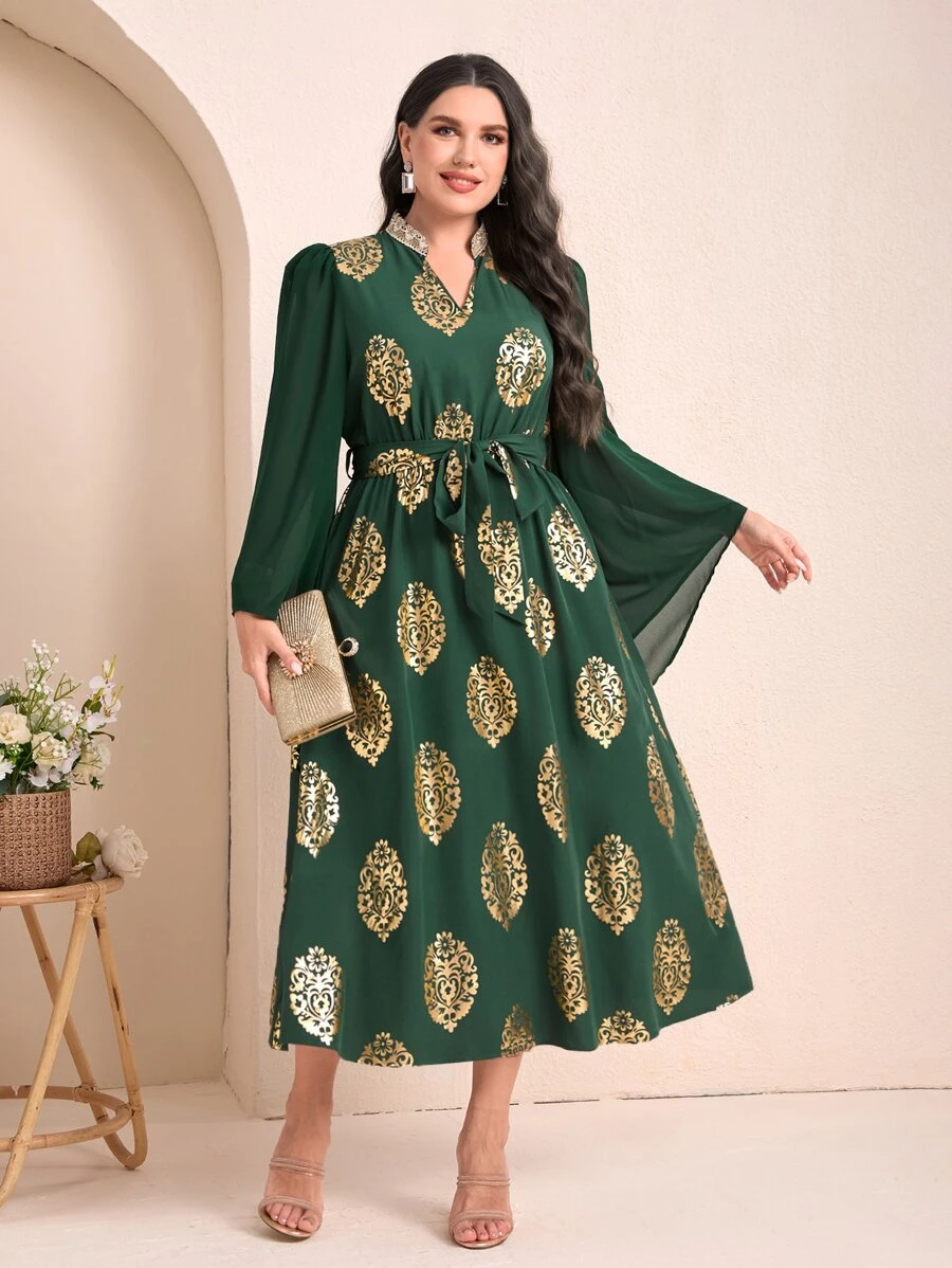 Mulvari Plus Gold Plant Print Notched Neckline Belted Dress - Dark Green - View 1