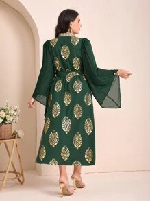 Mulvari Plus Gold Plant Print Notched Neckline Belted Dress - Dark Green - View 3