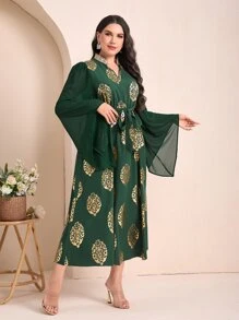 Mulvari Plus Gold Plant Print Notched Neckline Belted Dress - Dark Green - View 4