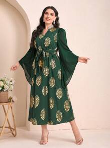 Mulvari Plus Gold Plant Print Notched Neckline Belted Dress - Dark Green - View 2