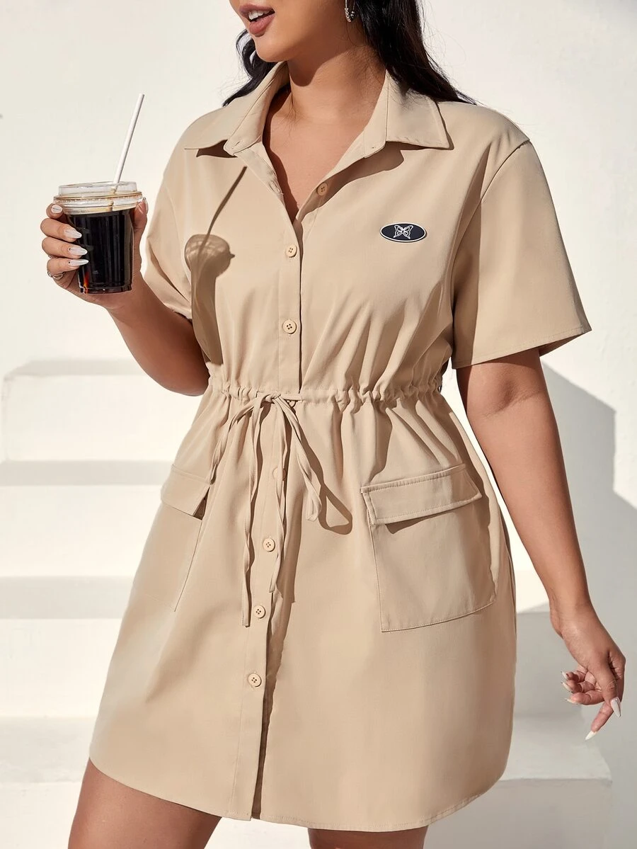 SHEIN EZwear Plus Letter Patched Drawstring Waist Shirt Dress - Khaki - View 1